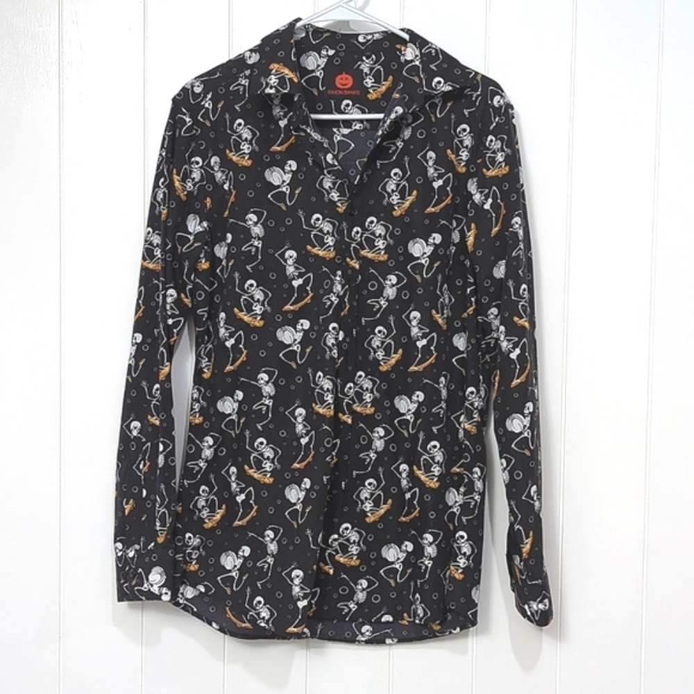 Like New Simon Banks Skeleton Skateboard Button Down Shirt Halloween 🎃